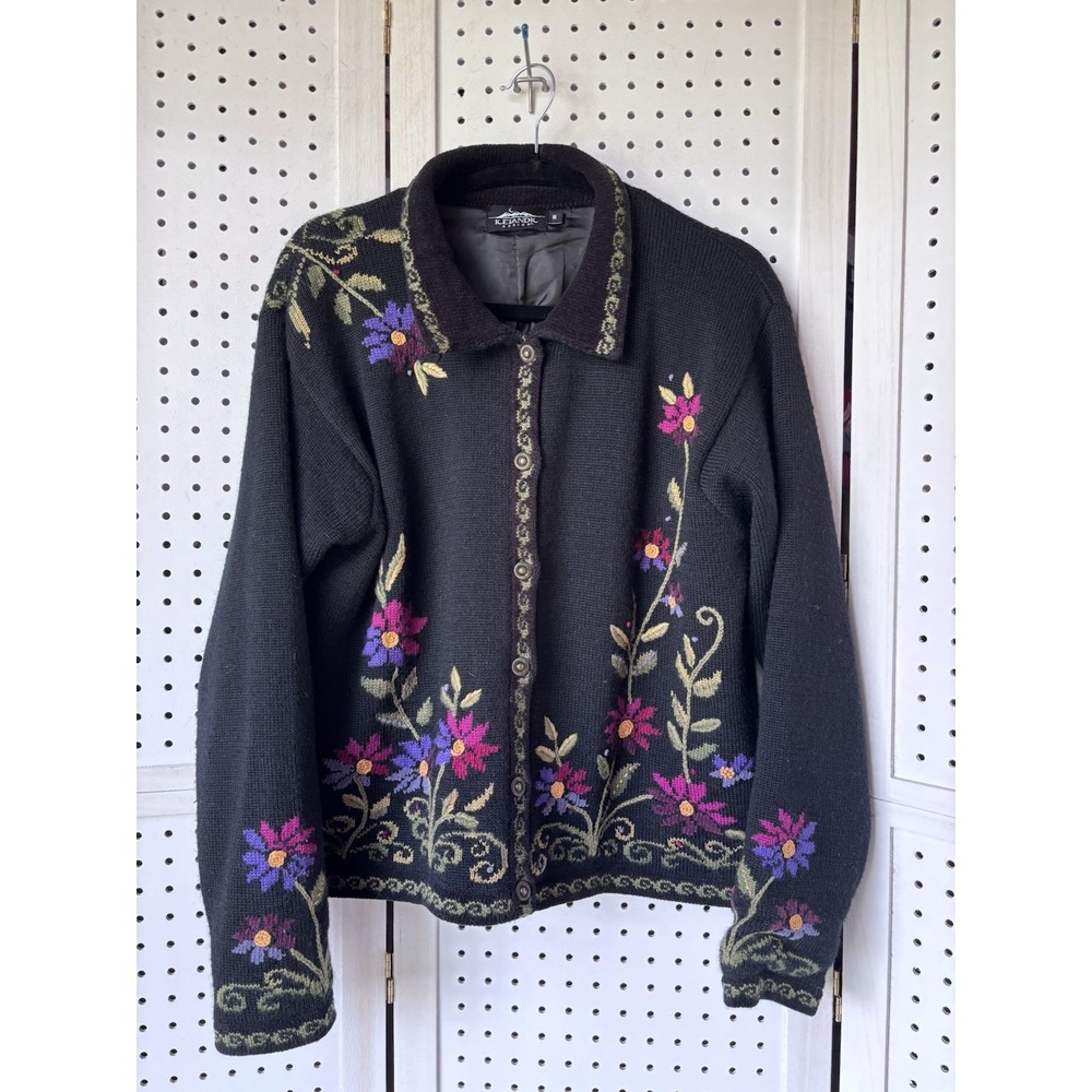 Icelandic Design Button Wool Sweater Cardigan Embroidered Floral Women's M